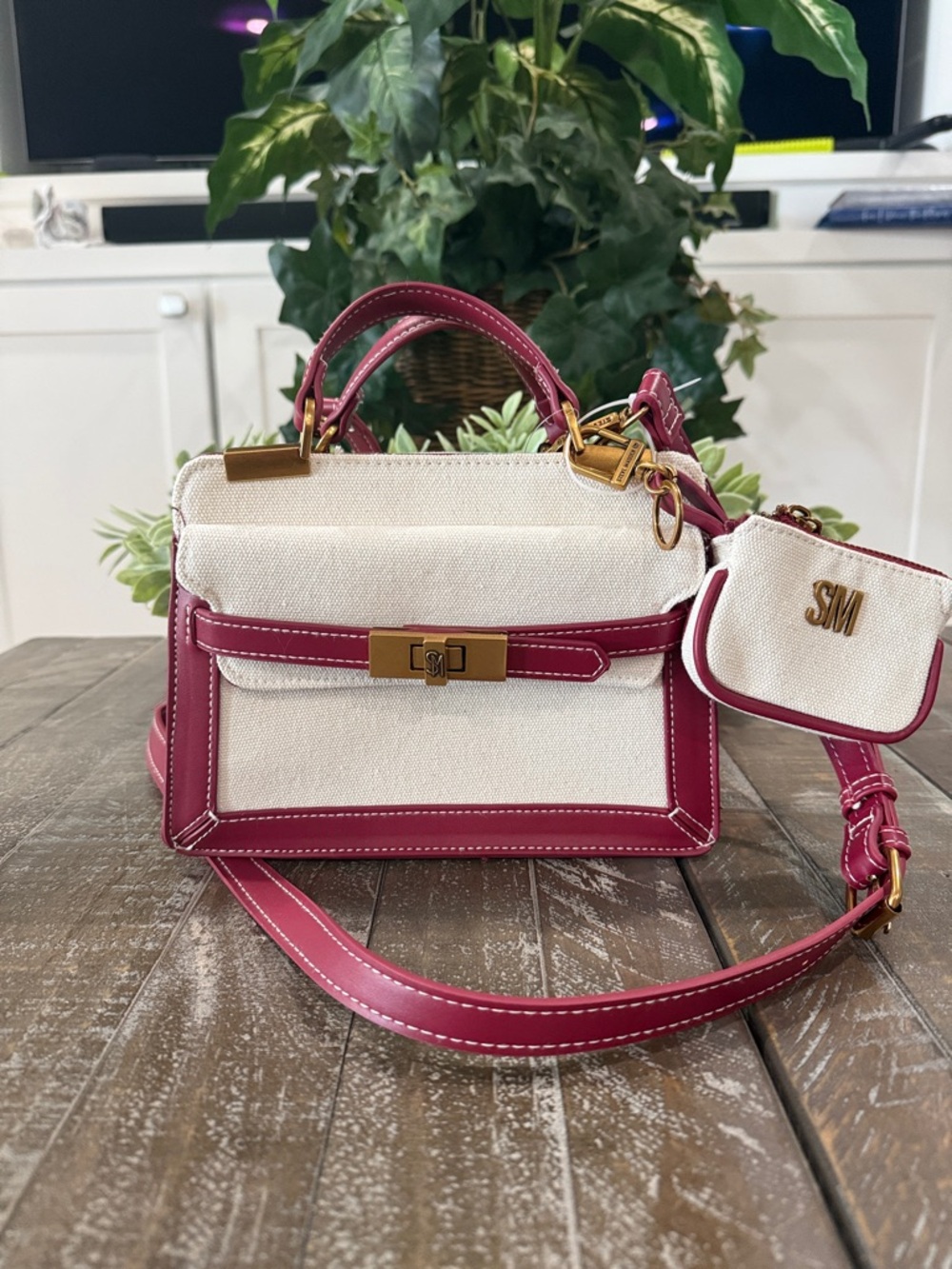 NWT Steve Madden Vail Mini Canvas Satchel Crossbody Bag Red Trim